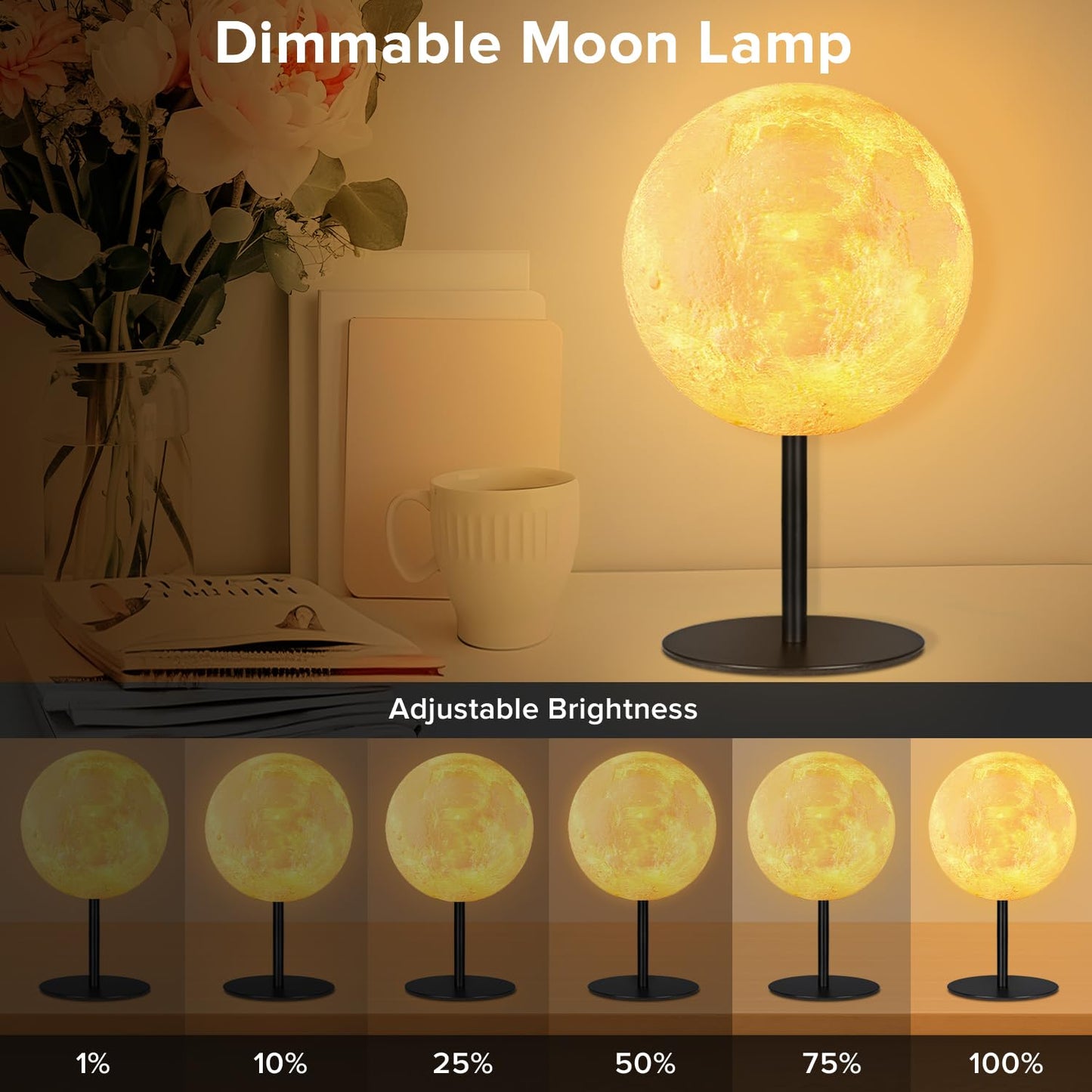 Moon Lamp Small Table Lamp for Bedroom, Dimmable Bedside Table Lamp with 30 Modes, Night Light Bedside Lamps for Night Stands, Desk Lamp for Living Room, Office, Dorm, Birthday Gifts for Kids Teens