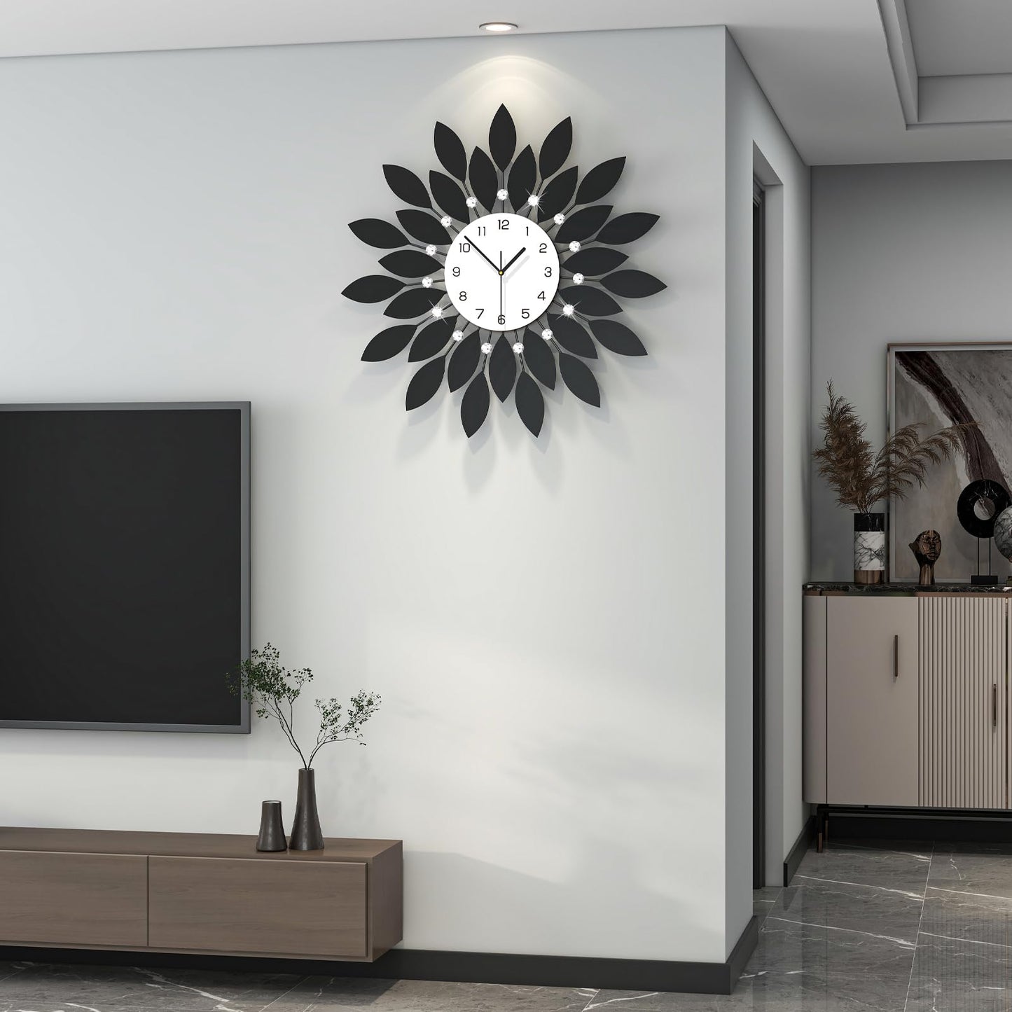 FLEBLE Large Wall Clocks for Living Room Decor Modern Wall Clock Decorative Silent Non-Ticking 24 Inch Round Black Metal Crystals Clock for Office, Home, Bathroom, Kitchen, Bedroom or Entryway