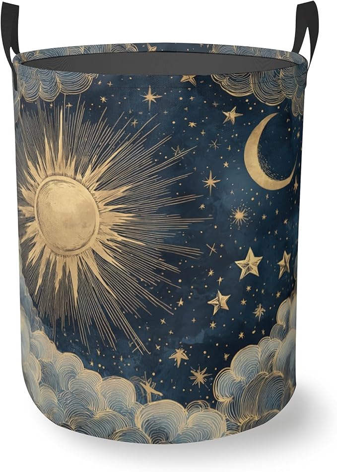 Boho Sun Moon Round Laundry Basket Collapsible Laundry Hamper with Handles Toys Clothes Organizer Bin For Home Bathroom Bedroom Dorm Nursery