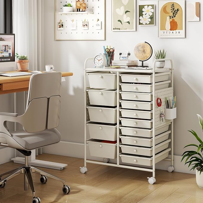 Giantex 15 Drawer Storage Cart, Rolling Craft Cart with Metal Tabletop & Pegboard, Mobile Utility Organizer Trolley with Locking Wheels, Home Office, Ivory