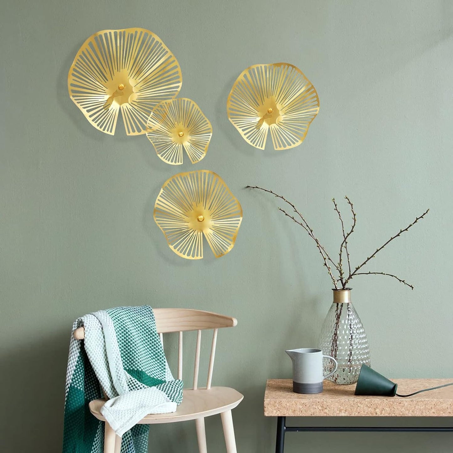 TEIPAI Gold Wall Decor Living Room, 7PCS Hollow Lotus Leaf Metal Wall Art for Apartment Bedroom Small Room Decoration, Modern Wall Hanging Sculptures for Home Office, Horizontal or Vertical Display