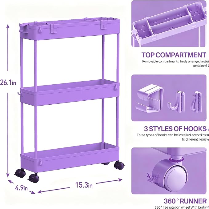 SPACELEAD Slim Storage Cart 3 Tier,Bathroom Organizer Rolling Utility,Mobile Shelving Unit Slide Out for Office, Kitchen, Laundry Room & Narrow Places,Purple