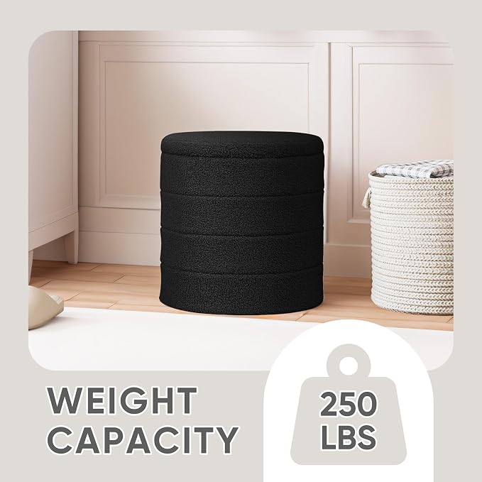 PINPLUS Round Storage Ottoman Foot Rest Stool with Tray Velvet Sherpa Folding Storage Ottoman,Boucle Foot Rest for Living Room, Bedroom, Dorm,Black Color
