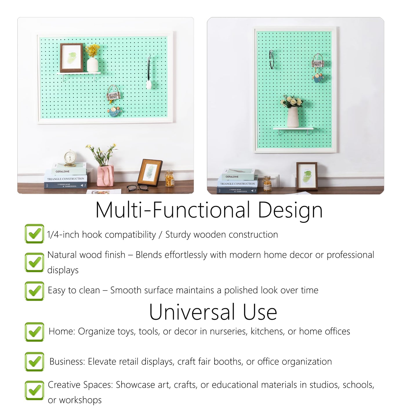ARTAWEIN Pegboard Organizer - Craft Peg Board, Nursery Storage, Wall Organizer and More, Comes with 1 x Free Shelf Fits Most 1/4" and 1/8" Pegboard Accessories (Mint Green)