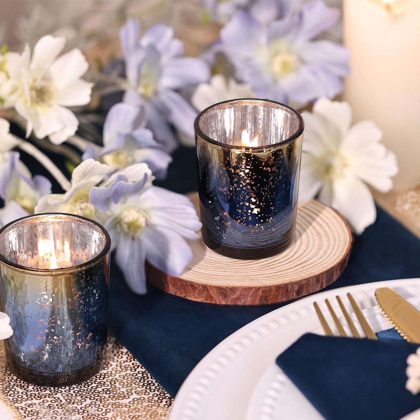 Volens Navy Votive Candle Holders Set of 12, Speckles Mercury Glass Tealight Candle Holder Bulk for Table Wedding Centerpiece, Navy Blue and Gold Themed Party Decorative & Home Decor