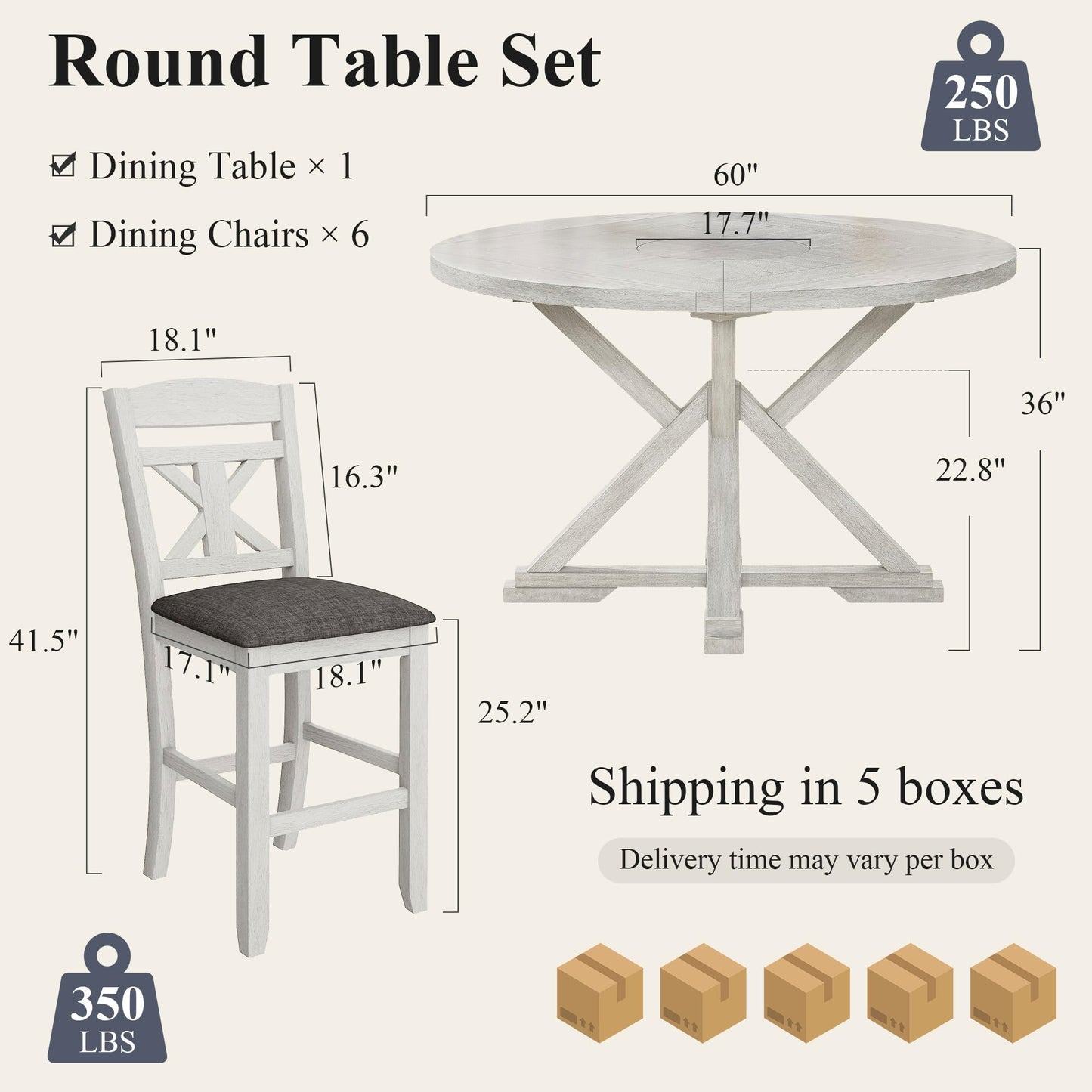 VECELO 7-Piece Solid Wood Foldable Dining Table Set for 6, Farmhouse Round Dining Table with 6 Upholstered Dining Chairs for Dining Room, Kitchen, Washed Gray