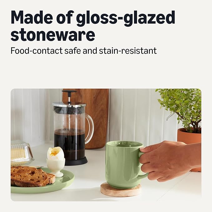 Amazon Basics Glazed Stoneware Coffee and Tea Mugs, Ceramic 4-Piece Set, 16 oz, Microwave, Freezer and Dishwasher-Safe, Stain-Resistant, Olive
