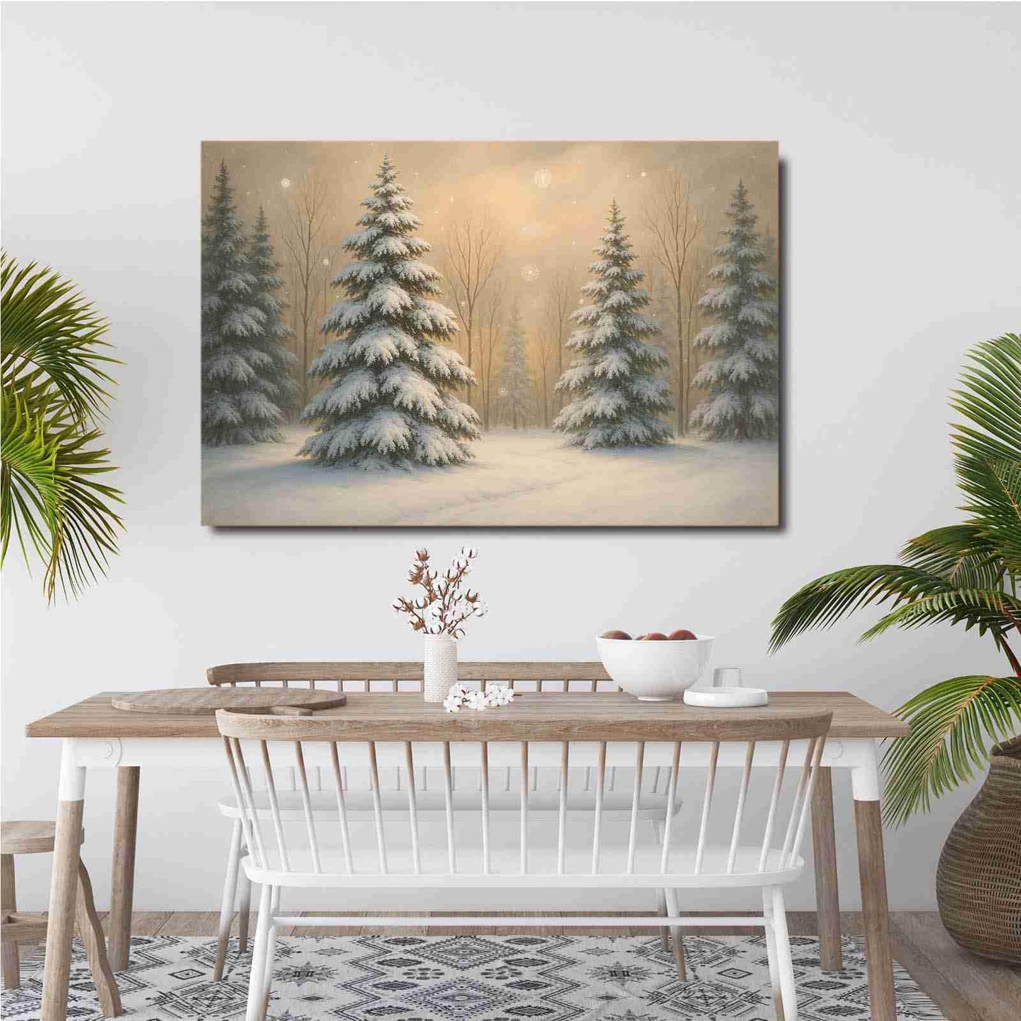 Framed Canvas Wall Art Vintage Winter Christmas Trees Landscape Poster Farmhouse Christmas Neutral Snowy Painting Holiday Evergreen Art 28x40in Wood Framed