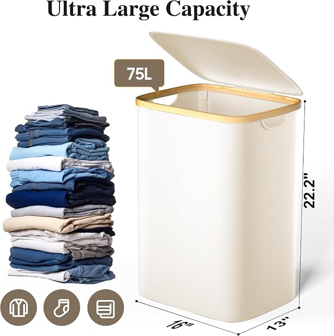 Foluck Large Laundry Hamper, 75L Waterproof Laundry Basket with Lid and Removable Bag, Collapsible Tall Clothes Hamper with Bamboo Handles for Clothes Toys in Dorm Bedroom Bathroom, Beige, ZYL201-W