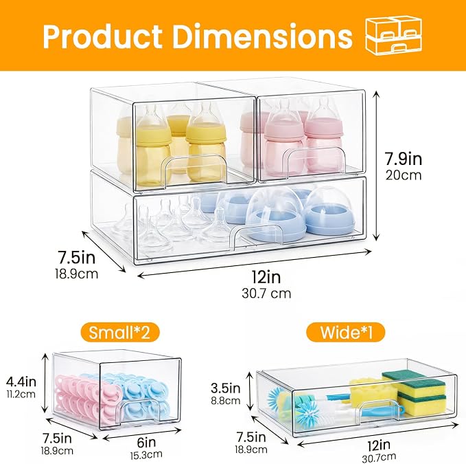 Bottle Storage Organizer Baby, Clear Stackable Storage Drawers Set for Baby Bottle, Beauty Supplies Storage, Ideal for Countertop, Vanity, Bathroom, Cabinet, Pantry Organization (7.8"H, 3 Pack)