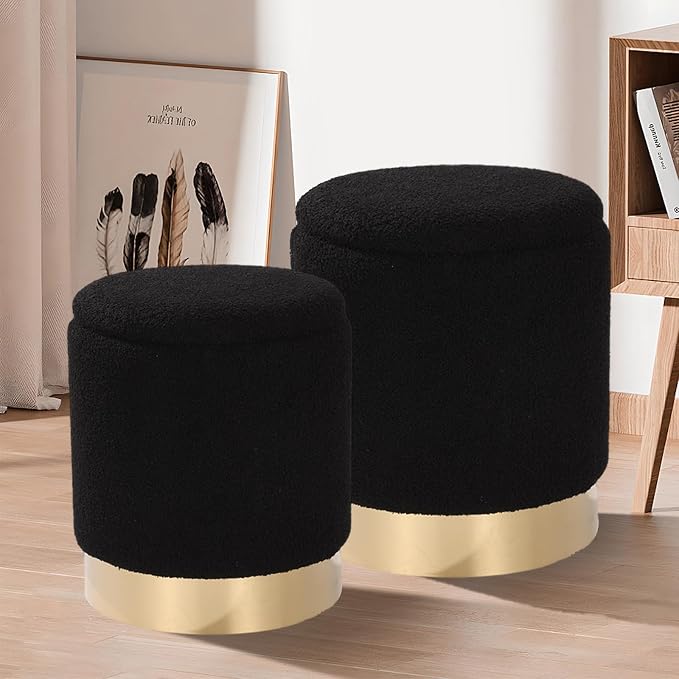 Round Ottoman with Storage Set of 2 Vanity Stool Foot Rest with Removable Lid for Bedroom Black Sherpa Storage Ottoman Stool for Living Room and Dorm Space Saving Assembly Free(Sherpa Black)