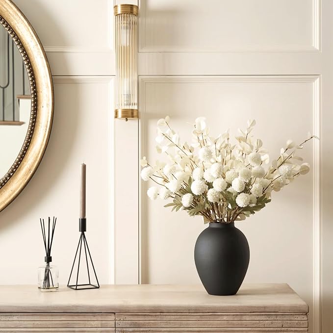 Black Vase for Home Decor - Tall Ella Flower Vase for Centerpieces, Table & Mantel Decorations - Large Round Iron Vase 9 Inch - Matte Black Vases for Flowers & Pampas Grass