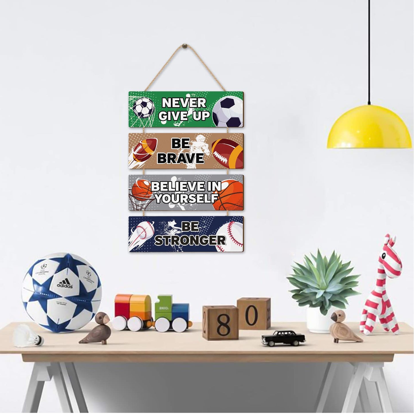 HLNIUC Sport Themed Wall Decor,Football Wood Sign(3.5"x12"),Inspirational Never Give Up Wooden Sign,Basketball Wood Hanging Wall Art For Boys Kids Room Playroom Nursery Decor(Retro Style)