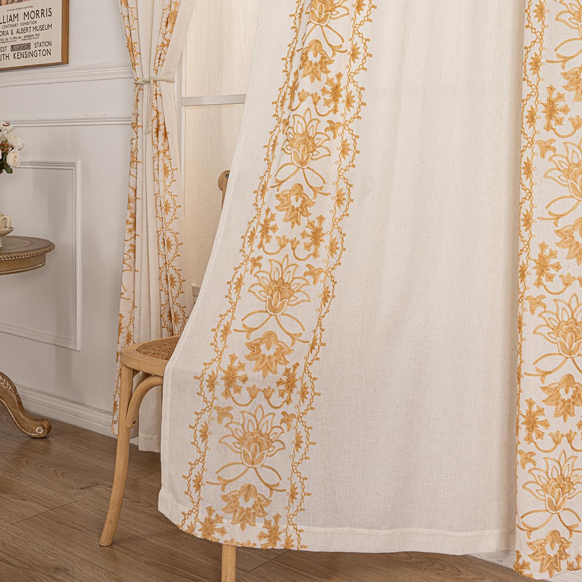 Tootop Bohemian Curtains Linen Gauze Embroidered Curtains Bohemian Floral Beige Farmhouse Living Room Decor Rustic Semi-Blackout Curtains Tieback Pocket or Folded Edge 2 Panel 84 Inch Gold