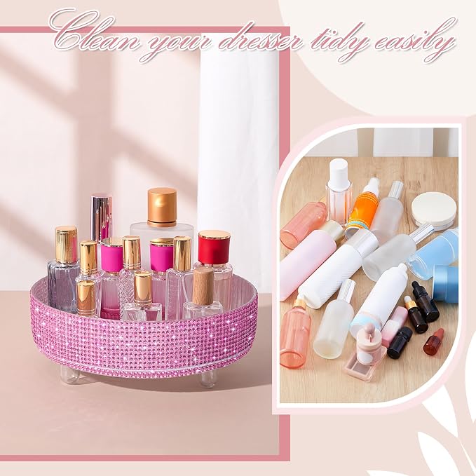 Honeydak Pink Bling Perfume Makeup Organizer Bling Mother's Day Nurses Day Gifts for Women Bathroom Organizers and Storage 360 Rotating Makeup Organizer for Countertop(Resin Stone)