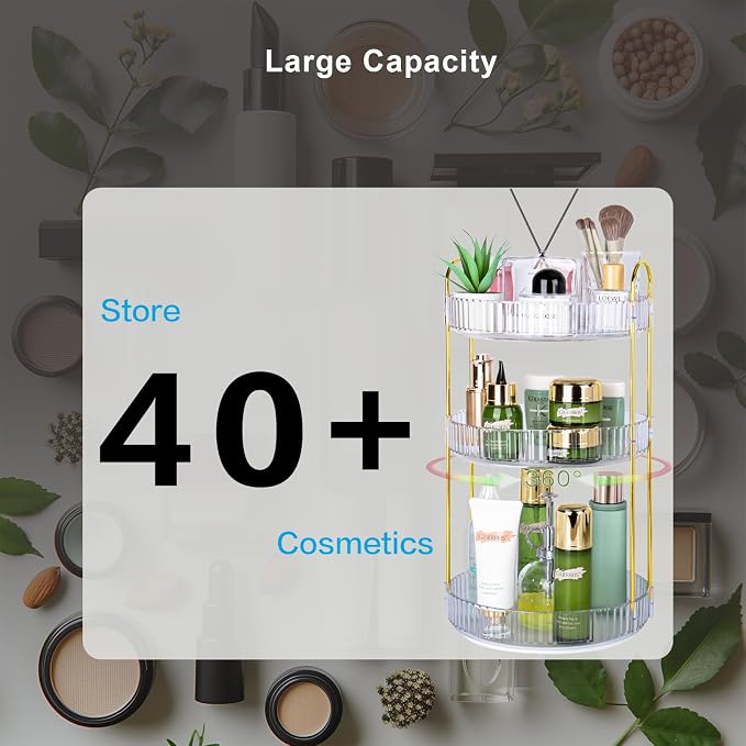 360 Rotating Makeup Organizer, 3 Tier Large Capacity Lazy Susan Bathroom Counter Organizer, Skincare Organizers, Spinning Perfume Organizer & Vanity Organizer Countertop (Golden Clear, 3 Tier)