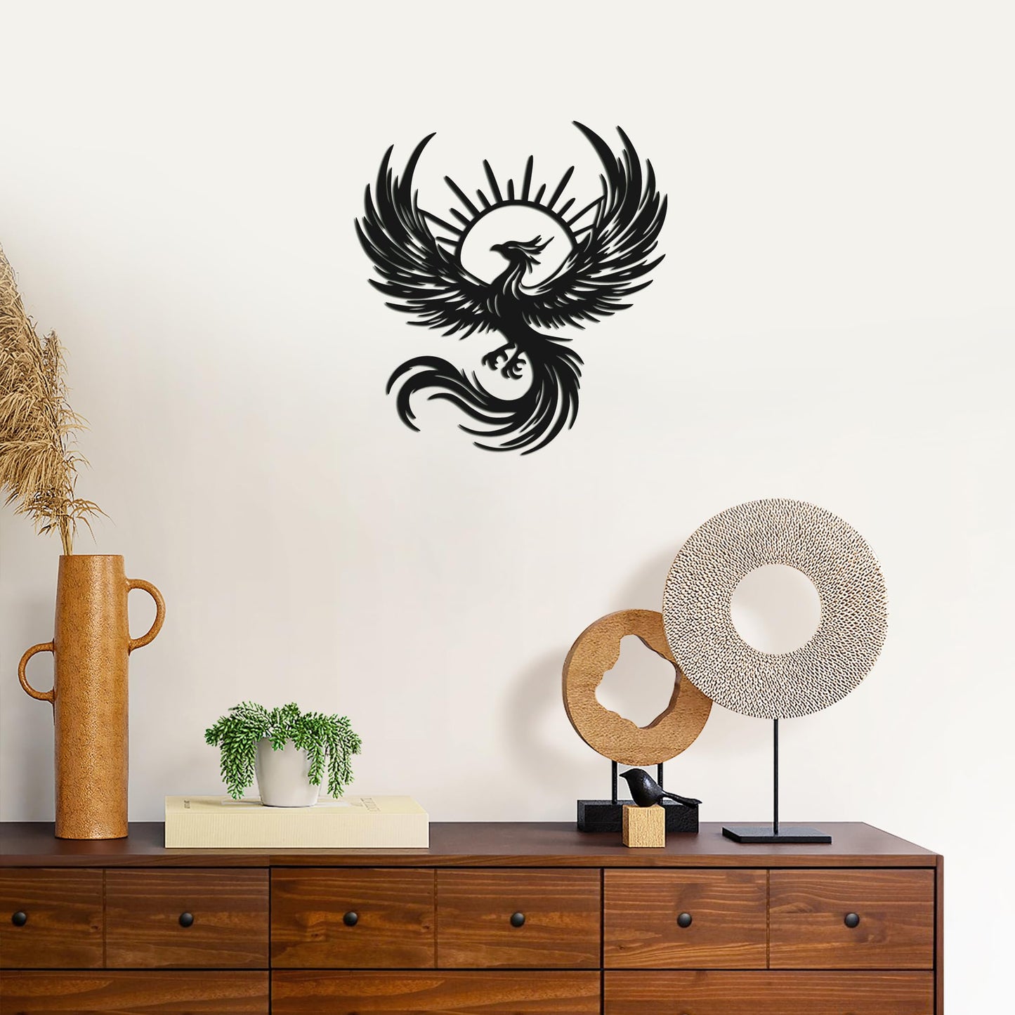 Rajukit Phoenix Art Metal Wall Decor, Phoenix and Sun Design 11.8x11 inches. Durable black metal. for living room, bedroom. Phoenix statue silhouette with sun rays.