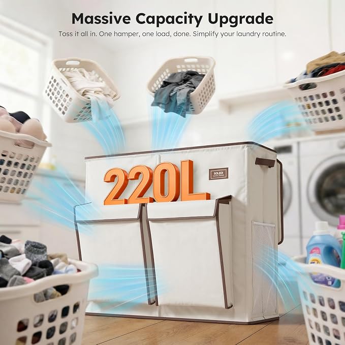SOLEDI 220L Laundry Hamper 3 Section,Extra Large Laundry Basket with Lid and 2 Side Pockets, Dirty Clothes Hamper with Removable Bag Easy to Carry for Laundry Room, Bedroom, Bathroom, White