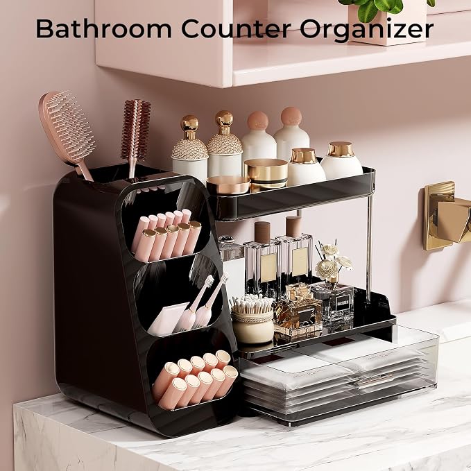 UFORU Makeup Organizer for Vanity with Brush Holder, 2 Tiers Countertop Skincare, Cologne Organizer and Perfume Stand for Men Bathroom Vanity, Large Capacity Makeup Storage, Black