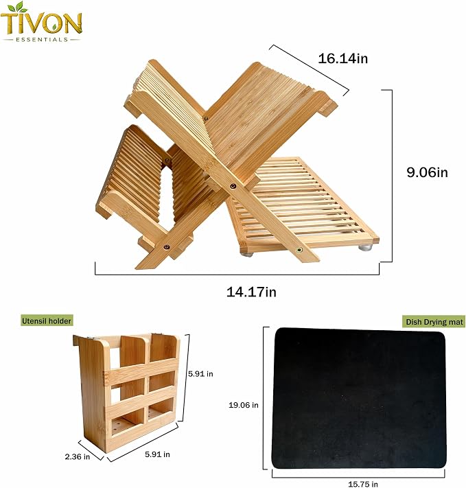 Bamboo Dish Drying Rack with Utensil Holder & Absorbent Dish Drying Mat|3Tier Collapsible Wooden Dish Rack for Kitchen Countertop|Large Foldable Dish Drainer|Kitchen Organizer for Plates Cups utensils