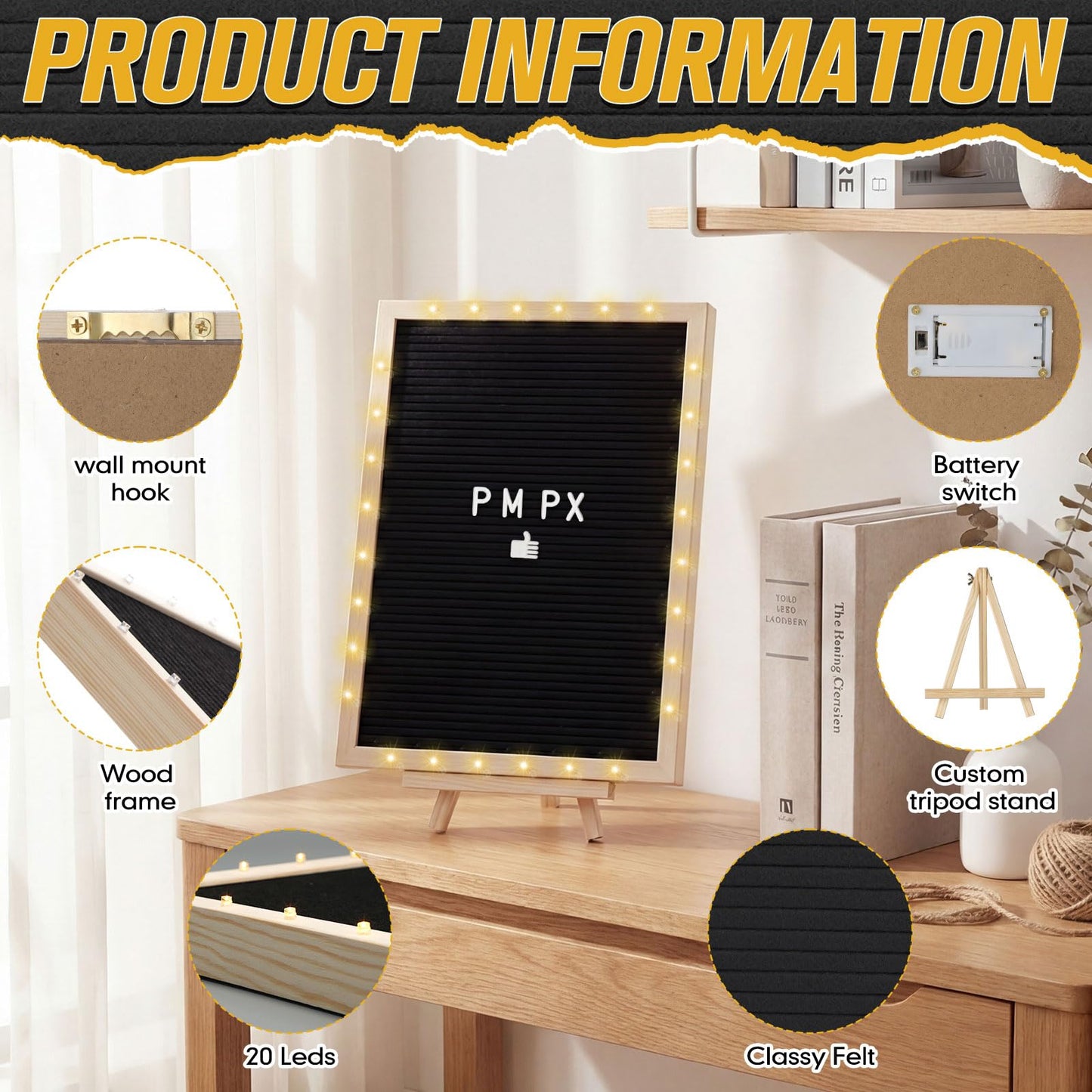 wearage 12x16 Inch Changeable Felt Letter Board with LED Lights, Message Custom Felt Letter Board with Wooden Stand and 300 Letters for Pregnancy Announcement Classroom Decor Poster (Black)