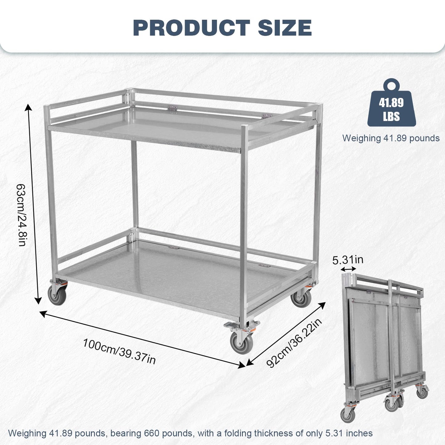 Generic 2 Shelf Rolling Cart Utility Commercial Cart with Wheels 660lbs Capacity with Handle for Warehouse/Garage/Cleaning/Manufacturing