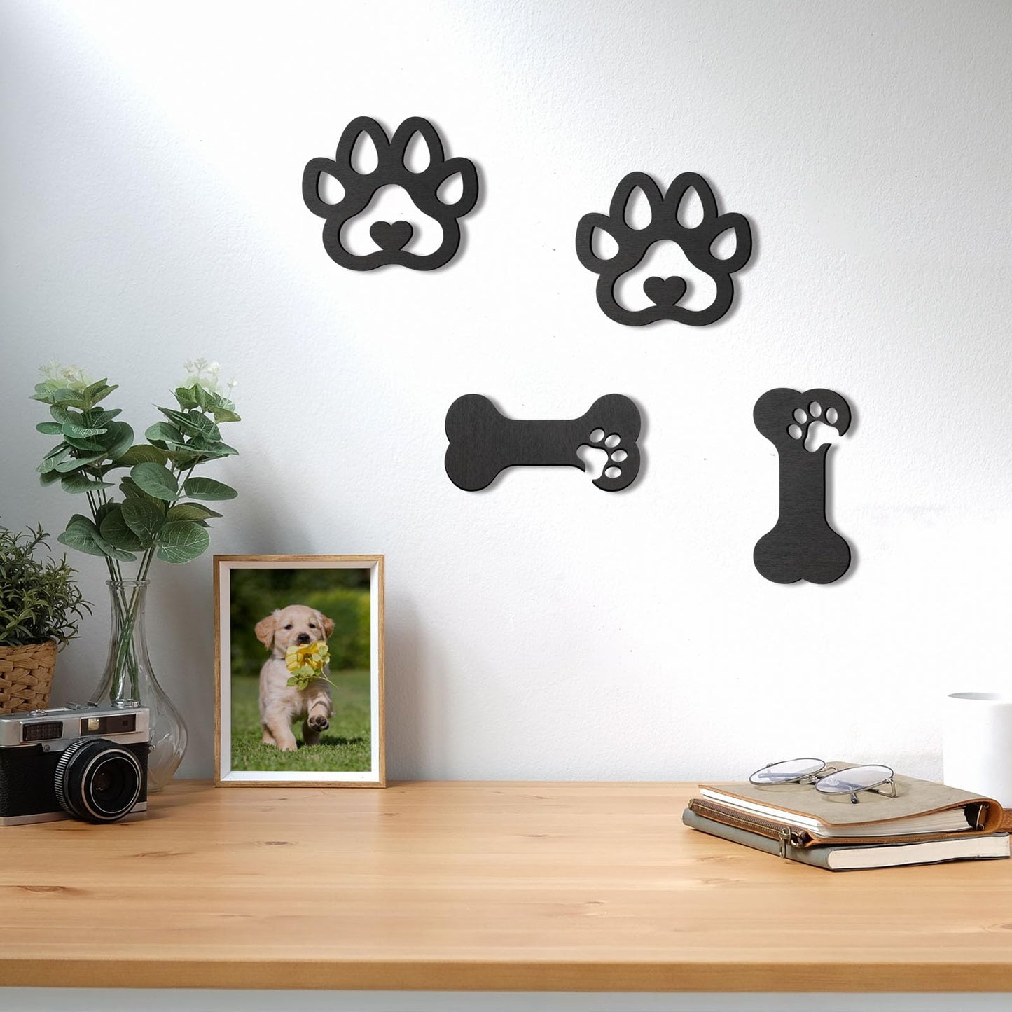 OYEFLY 4 Pcs Dog Room Decor,Wood Black Paw Prints Wood Wall Art (style 2)