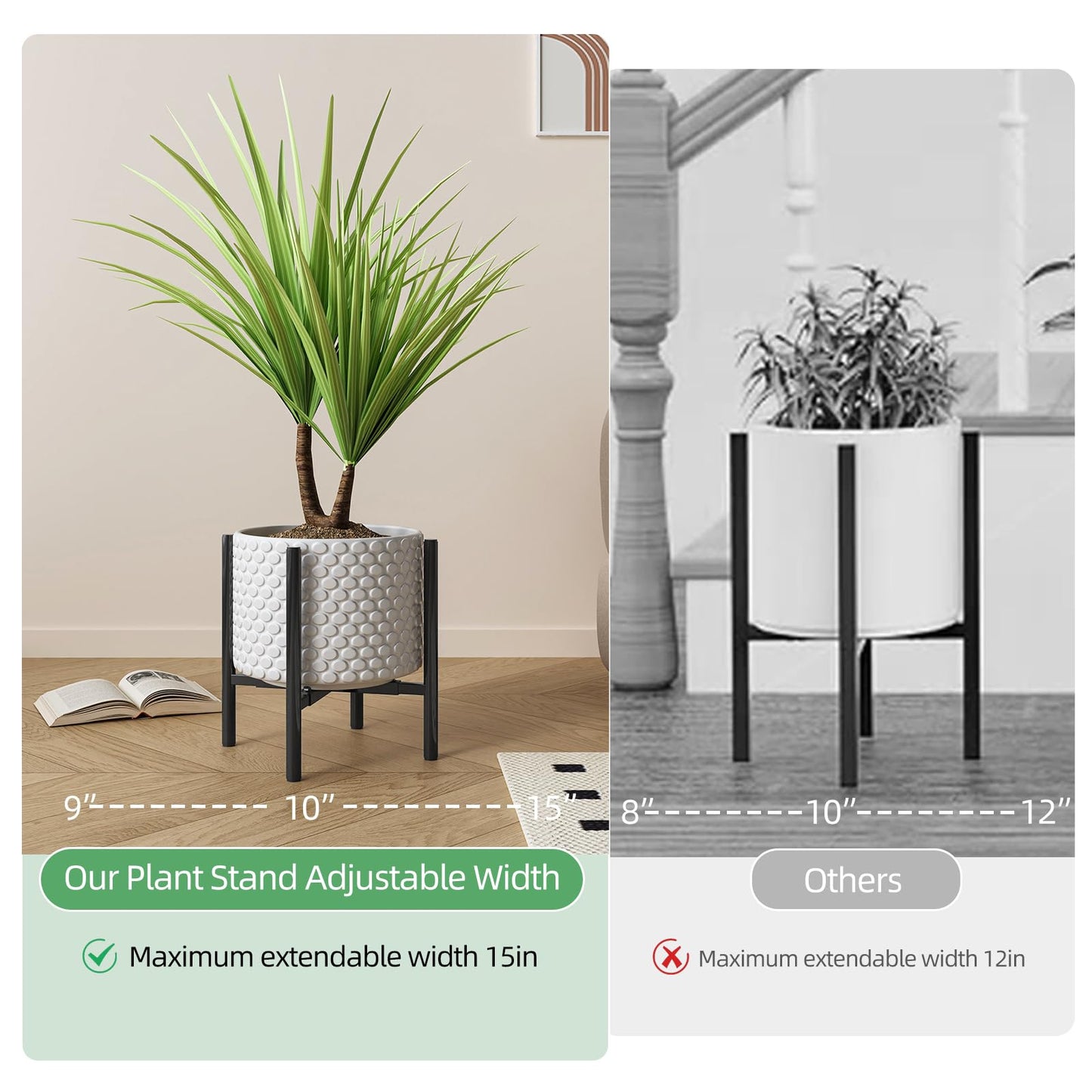 Rioneta Adjustable Plant Stand Indoor Outdoor, Metal Plant Stand 9 to 15 Inches, Mid Century Modern Floor Flower Pots Stand, Plant Holder for Home Garden Decor Load Bearing 160 LB Black