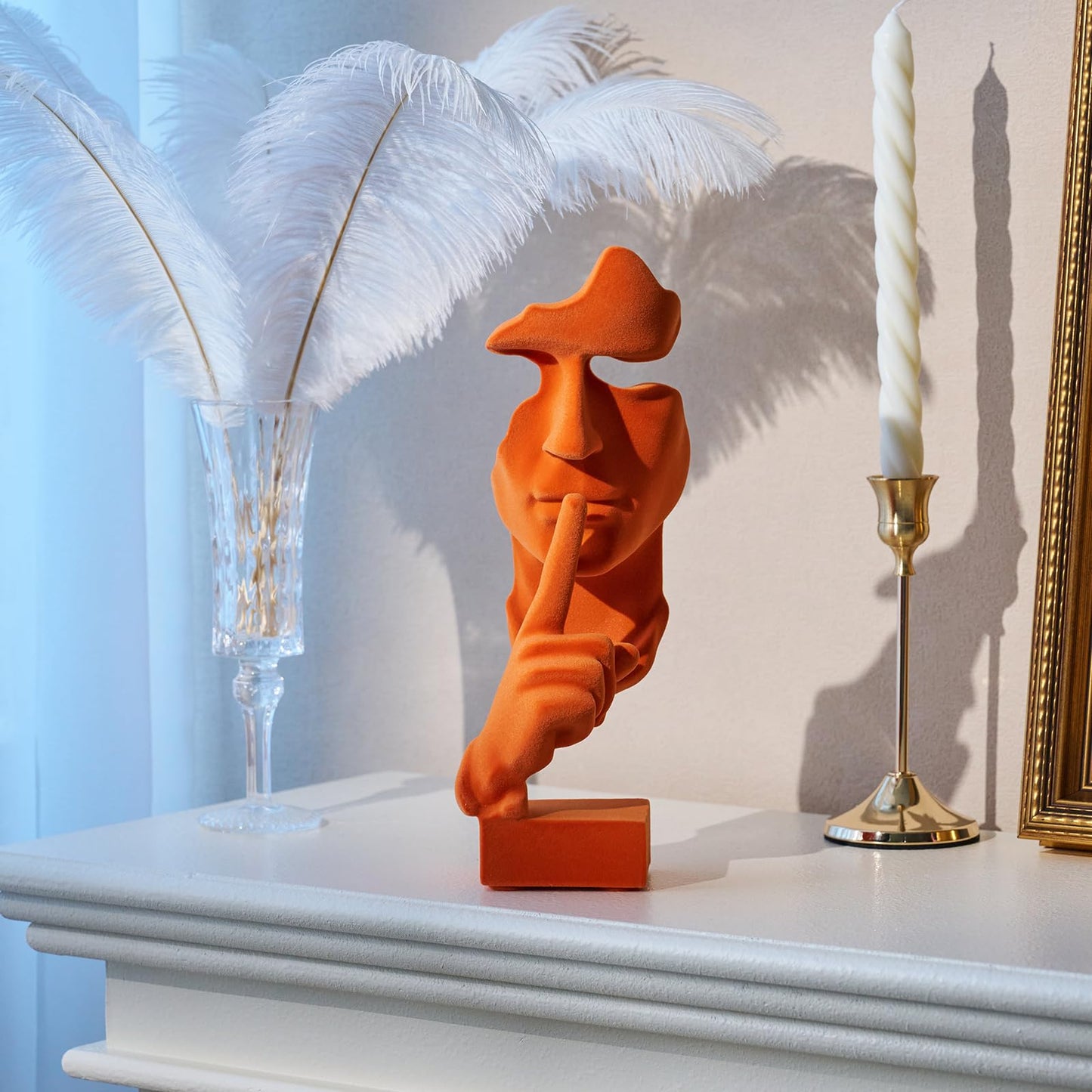 FOLKOR LIFE Velvet Flocked Thinker Sculpture for Room Decor, Flocked Mask Collectible Figurines Modern Abstract Art Statue for Home, Bookshelf, Office, Desk Decor (Orange)