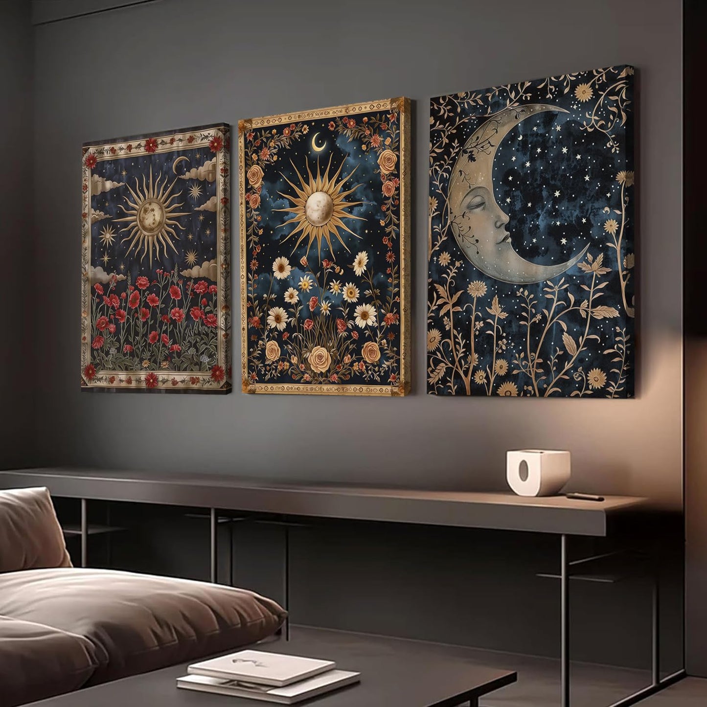 Dark Sun and Moon Celestial Wall Art Spiritual Gothic Tarot Wall Decor Painting Witchy Astrology Mystical Poster Canvas Prints Artwork for Bedroom Living Room 12x16 inch Framed