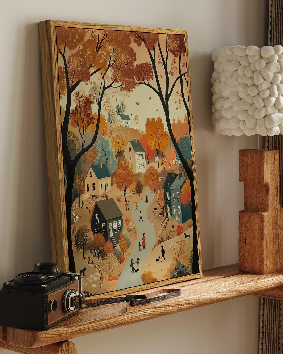 WHASAYART Autumn Cozy Village Landscape Scene 12x16 Framed Canvas Print, Rustic Fall Country Trees Wall Art with Warm Colors, Thanksgiving House Office Entryway Seasonal Decor