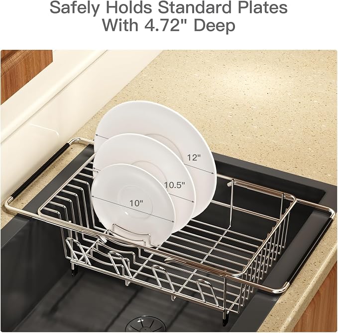 Over the Sink Expandable Dish Drainer Drying Rack In Stainless Steel for Small Kitchen, Counter Space Saving Modern Compact Metal Above Plate Dryer Strainer, Adjustable Hanging Inside Drain Holder | Expandable Stainless Steel Dish Drainer for Small Kit...