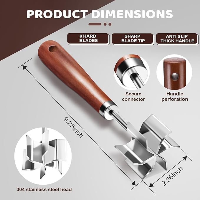 Stainless Steel Meat Chopper Masher, 6 Blade Ground Beef Chopper Potato Masher Tool with Wooden Handle, Hamburger Smasher, Multi-Use Kitchen Tool for Home Cooking, Heat Resistant (1 Pack)
