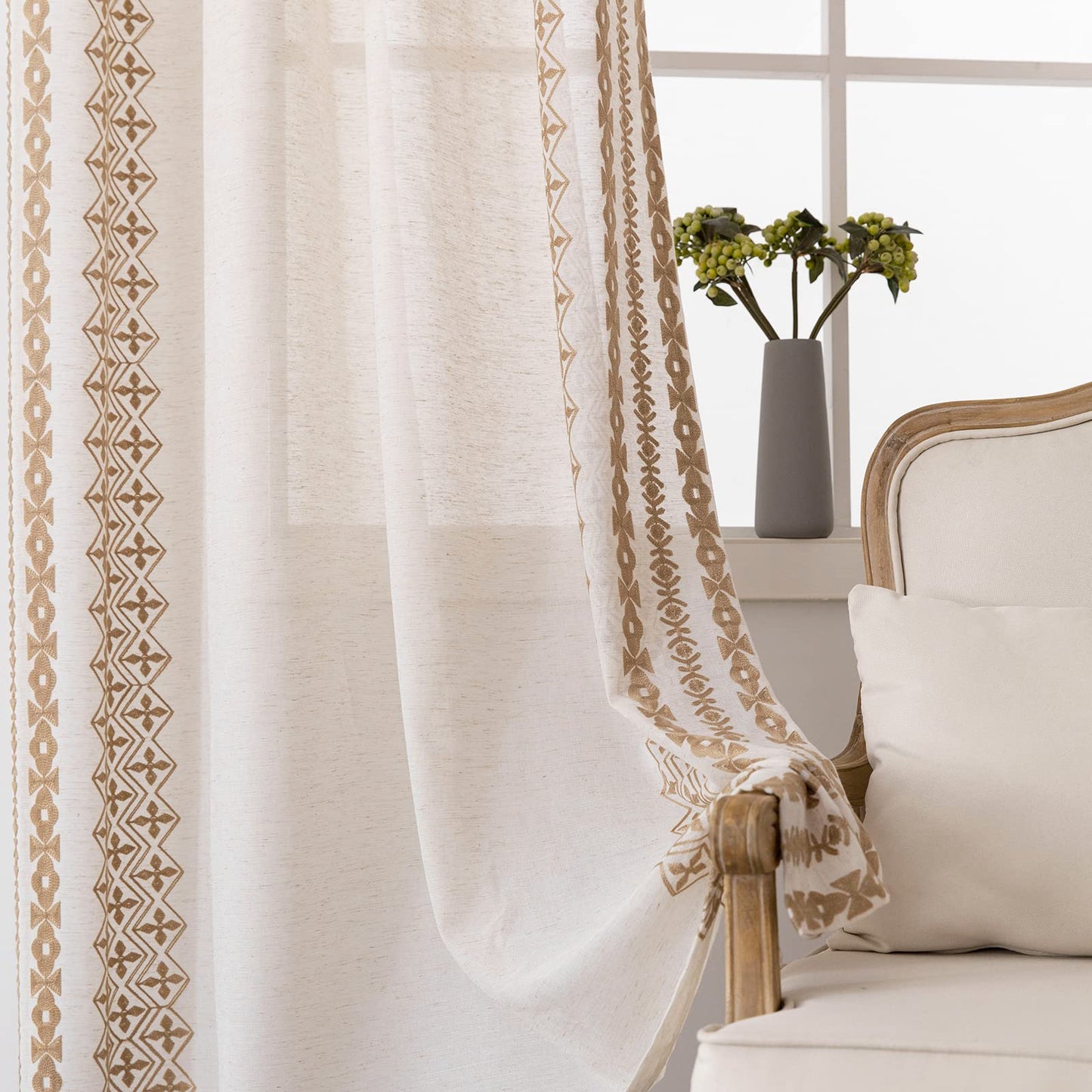 Boho Curtains for Living Room Bedroom Cream Sheer Curtains 84 Inches Long 2 Panels set Grommet Beige Embroidered Curtains Neutral Bohemian Window Curtains for Rustic Farmhouse Decor, 52x84 Taupe