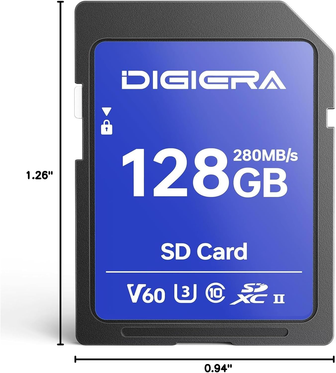 DIGIERA 128GB LSU100 280MB/s, C10, U3, V60, 6K, (1 Pack) SDXC UHS-II Memory Card - up to SD Card for Computers, Digital