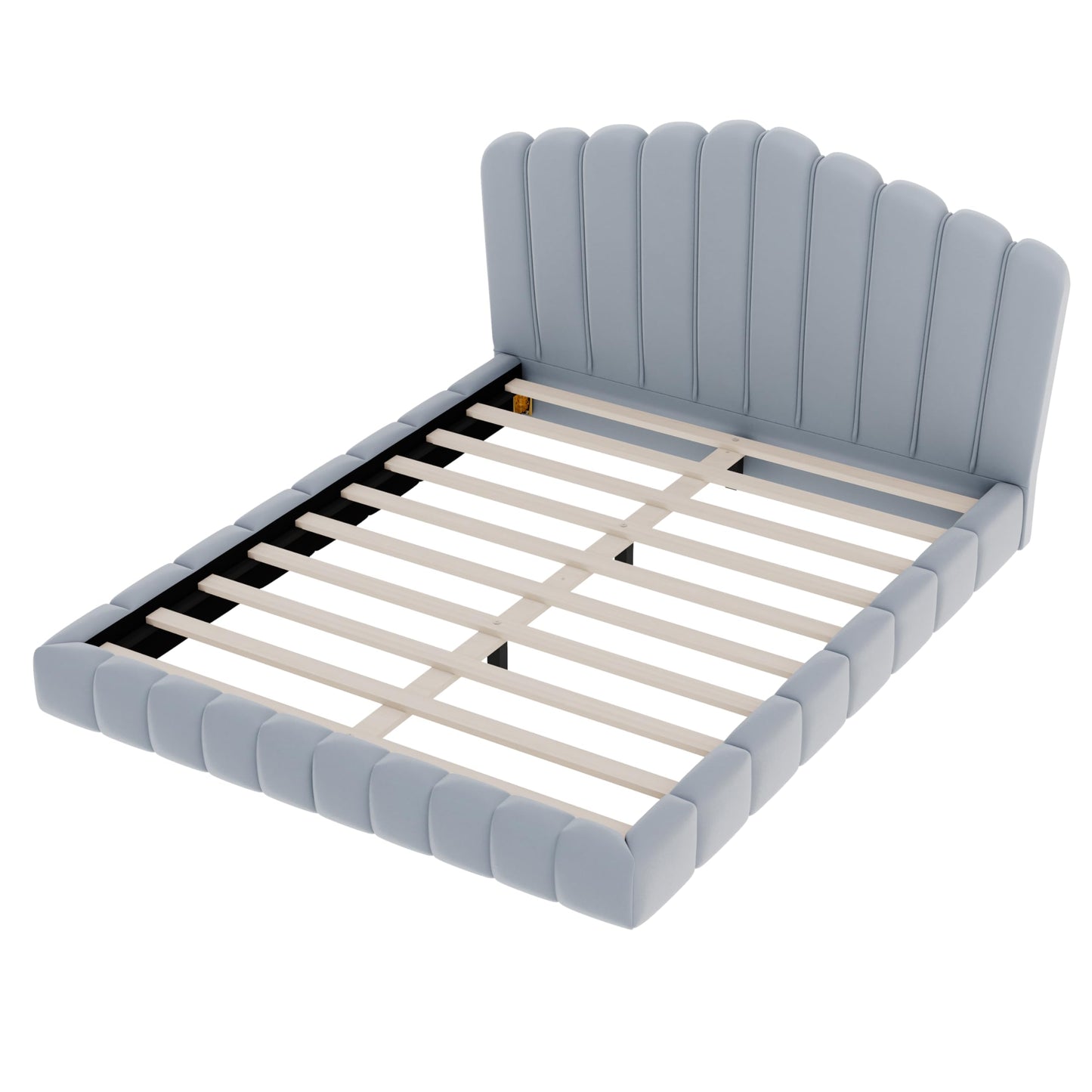Merax Queen Size Floor Platform Bed Frame,Velvet Upholstered Bedframe with Shell-Shaped Headboard and Cushioning All Around Guards for Bedroom,No Box Spring Needed,Light Blue