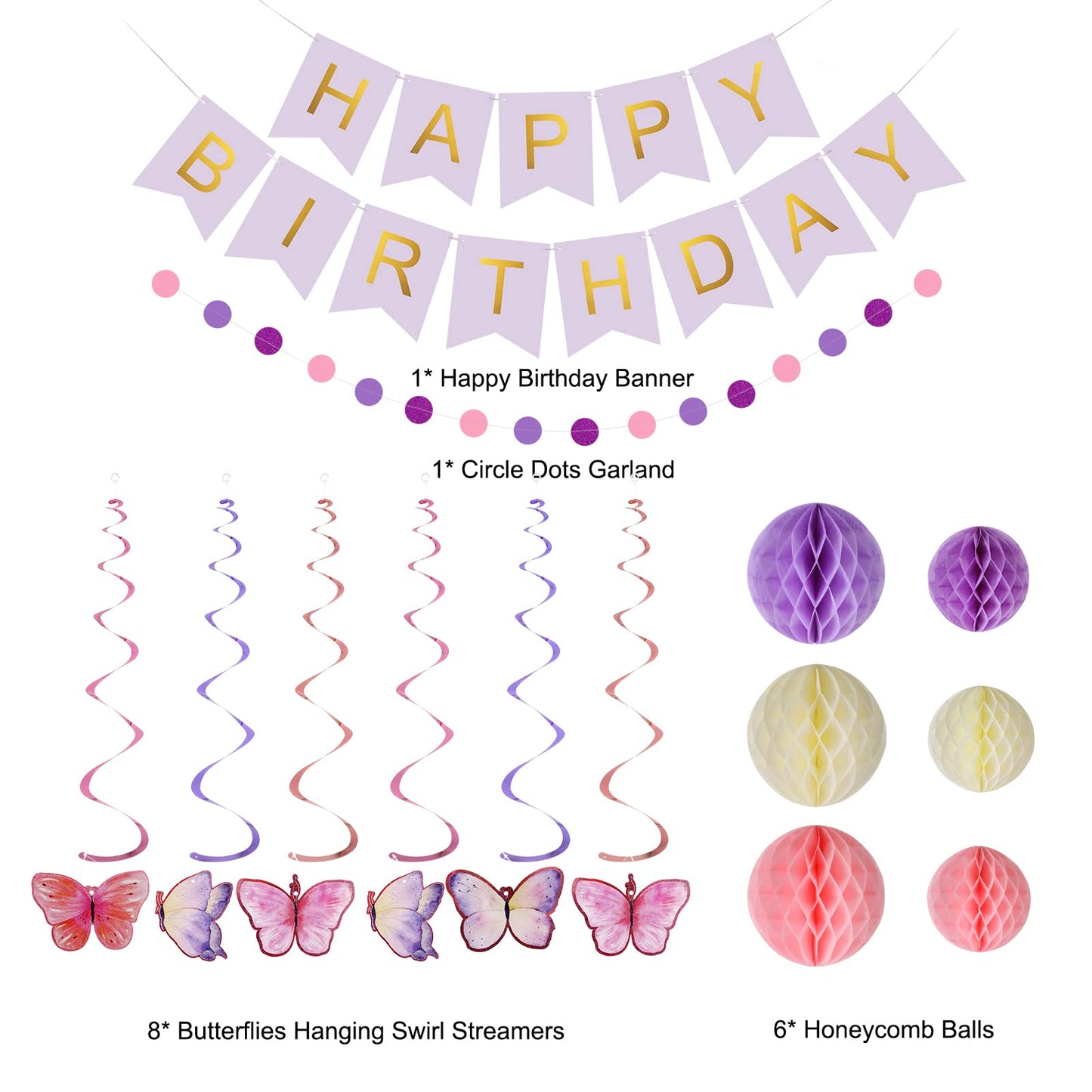 meowtastic Birthday Decorations, Happy Birthday Banner with Honeycomb Balls, Butterfly Hanging Swirl Streamers, Circle Dots Garland, Happy Birthday Party Decorations for Women Men Boys Girls (Purple)