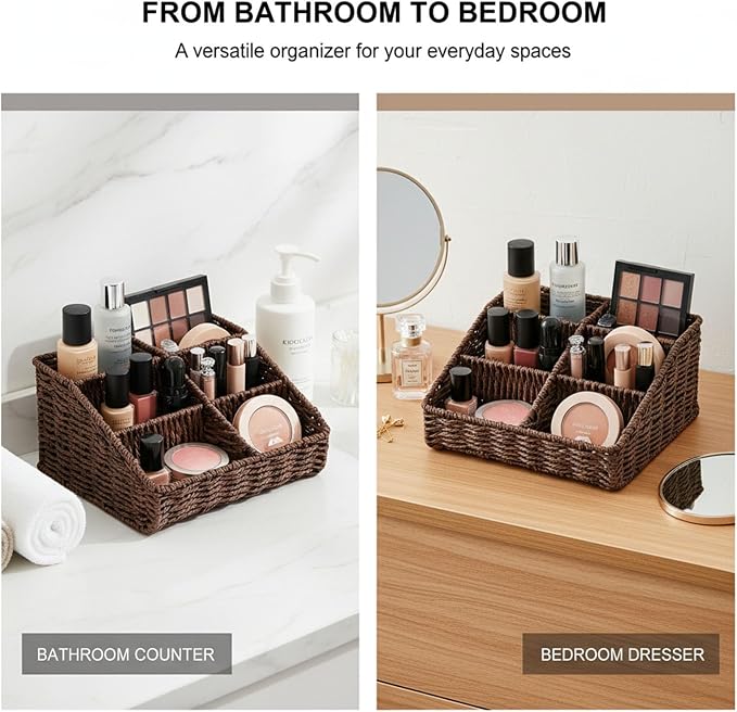 Makeup Organizer, Hand-woven Wicker Basket for Dresser Vanity and Bathroom Countertop, 6 Compartment Skincare Organizer Cosmetic Display Case, Beauty Holder for Lipstick Brush Eyeshadow - Brown