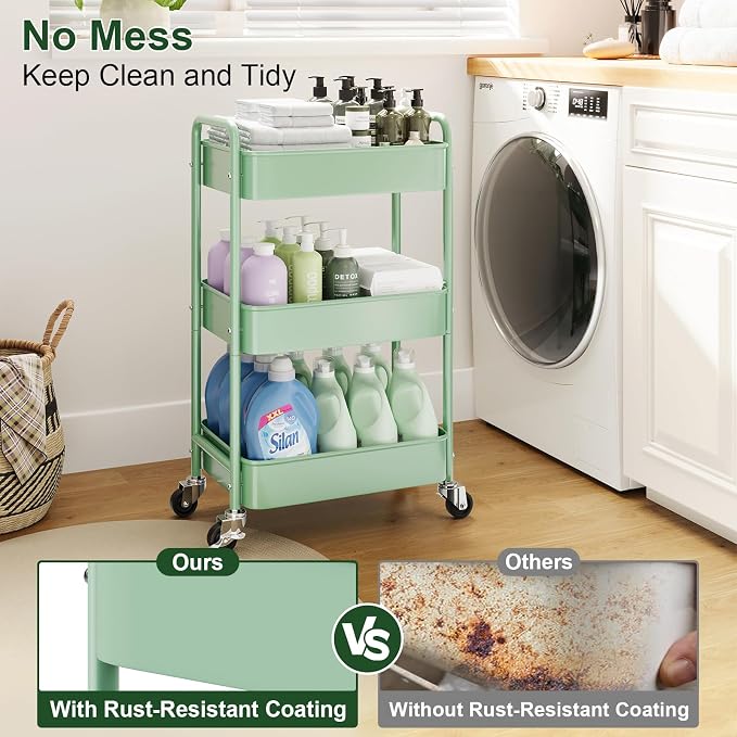 3 Tier Rolling Storage Cart Metal with Wheels, Green Baby Diaper Caddy Carts, Three Tiered Craft Cart Organizer on Wheels, Utility Roller Trolley for Art, Book, Snack, Office, Laundry, Bathroom Shelf