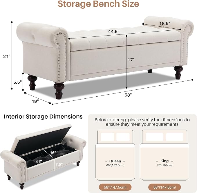 58'' Upholstered Storage Bench for Bedroom, Linen End of Bed Storage Ottoman Benches Large, Button Tufted Ottomans with Storage for Living Room/Entry Way/Closet, Beige