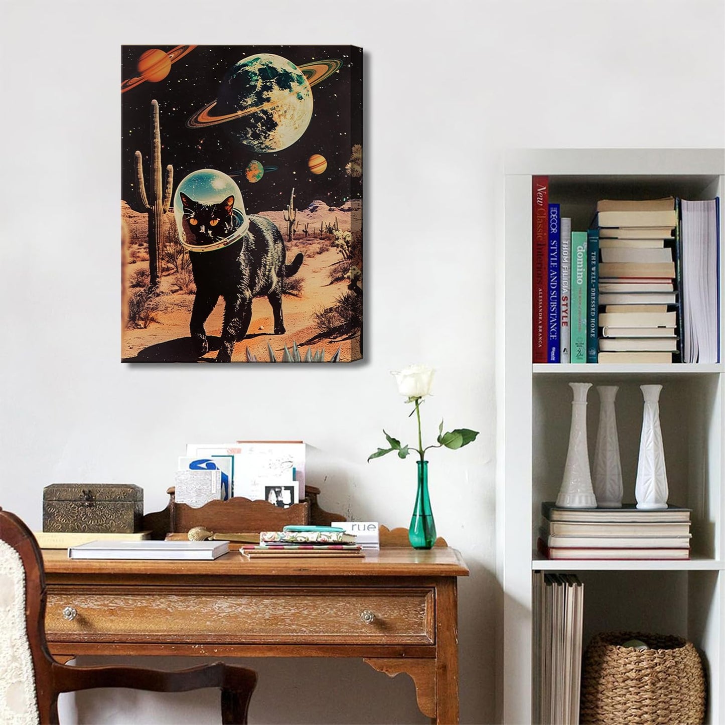 Ijeroain Black Space Cats Wall Art Funny Cat Wall Decor Pictures Cat astronaut painting artwork Cosmic planet Whimsical Print for Boys and Girls Room Bedroom home decoration 12x16in Canvas
