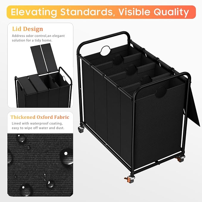 Laundry Sorter 4 Sections 48 Gal, Rolling Laundry Basket with Lockable Wheels and Lid, Laundry Hamper with 4 Separated Removable Bags Dirty Clothes Hamper for Laundry Room Organizer, Black