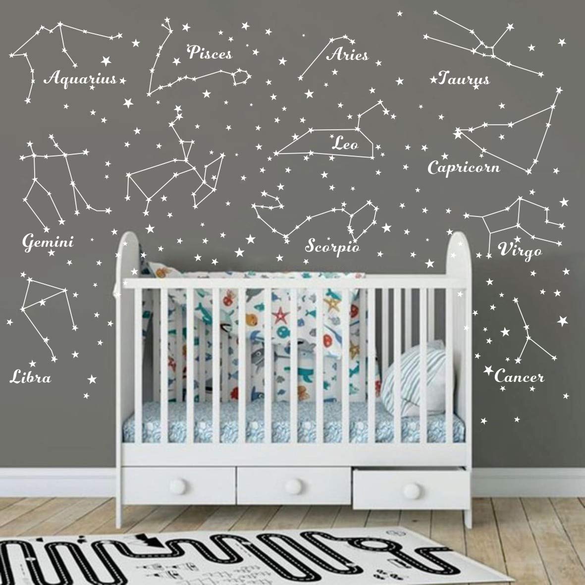 12PCS Zodiac Constellation Wall Stickers for Nursery or Kids Bedroom, Removable Vinyl Celestial Mural Decor Featuring Star Signs, Astronomy Theme Art for Baby Room Walls AM117 (White)