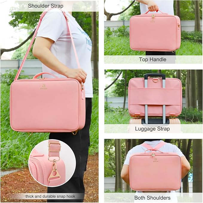 Chomeiu Makeup Bag with LED Mirror, Large Train Case for Makeup Artists, 16.2 inches Travel Professional Cosmetic Organizer with Light Up Mirror, 3 Color Lights, Brush Holder & Shoulder Strap (Pink)