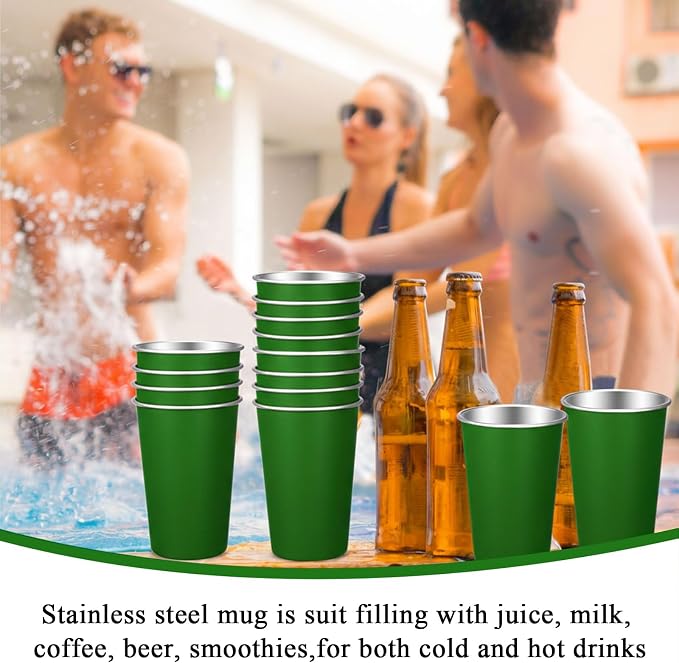 Mimorou 20 Pack 16 oz Stainless Steel Pint Cups Metal Cups Unbreakable Drinking Water Tumblers Stackable Tumbler for Adults Bar Home Restaurant Travel Picnic Camping Outdoor (Bright Green)