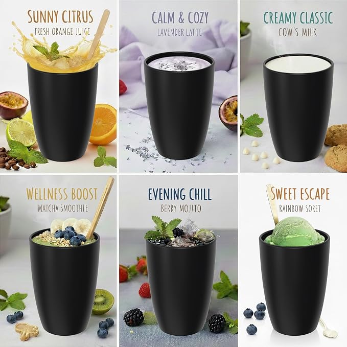 Wheat Straw Large Cup Set of 6, Unbreakable 20 OZ Tumbler, Alternative to Plastic Reusable Cups for Kitchen & Outdoor, Stackable Drinking Glasses, Dishwasher Safe Cup Set, Black