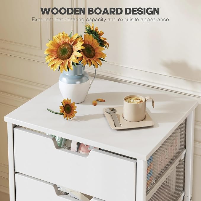 Rolling Cart with Drawers, Wooden Top and Front, with Wheels Metal Under Desk Storage Cart with 4 Drawers, for Office, Bedroom, Classroom, Home, White
