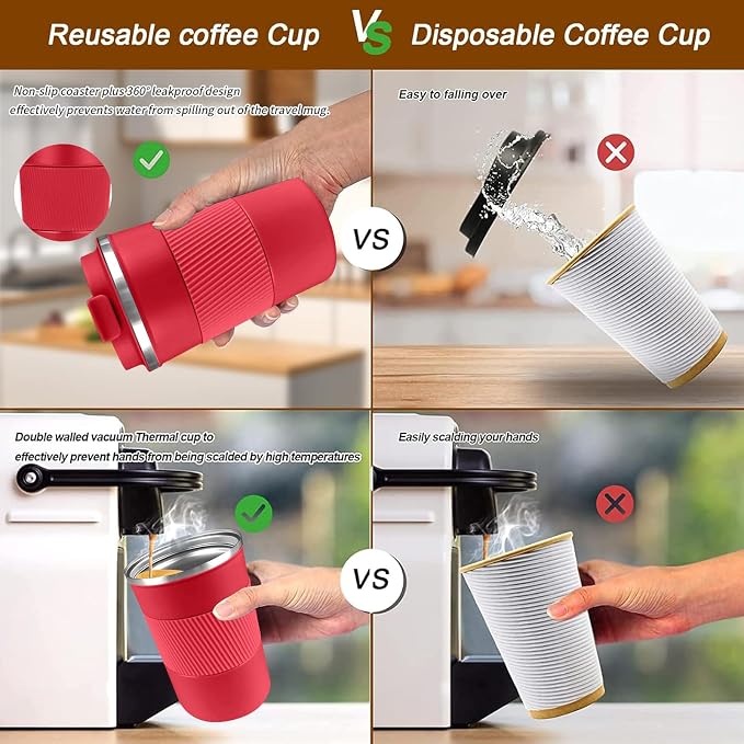 YINBAOGE Insulated Travel Coffee Mug, Spill & Leak Proof, Portable To Go Camping Stainless Steel Coffee Tumbler, Reusable Thermal Coffee Cup with Lid for Hot & Cold Drinks (Red, 12 OZ)