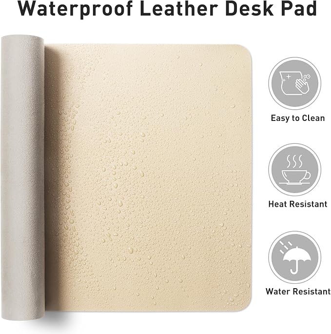 Aothia Faux Leather Desk Mat - Non-Slip PU Leather Desk Blotter, Waterproof Writing Surface, Large Desk Pad for Office & Home (Beige, 55" x 24")