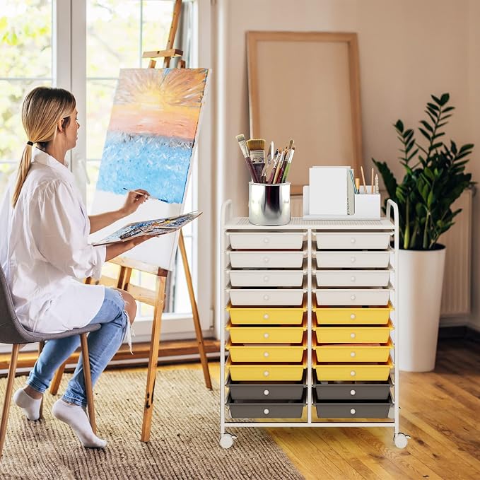 COSTWAY 20-Drawer Rolling Storage Cart, Multipurpose Storage Trolley on Wheels for Home Office School (Yellow, Beige & Grey)